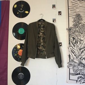 navy green/camo reversible bomber jacket